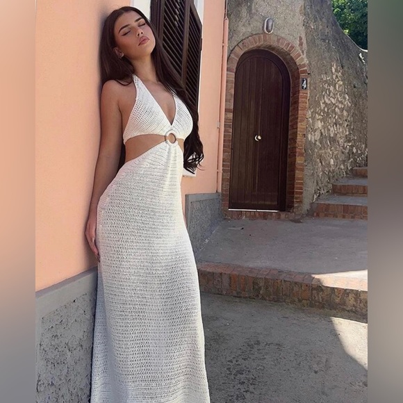 Lena Vie Knitted Maxi Coverup Dress In White With Cut Out Details & Low Back - Picture 11 of 14